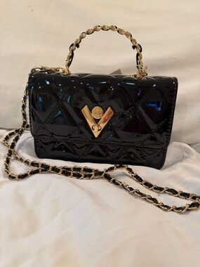 Valentino Orlandi Black Patent Quilted Crossbody with Gold Chain
